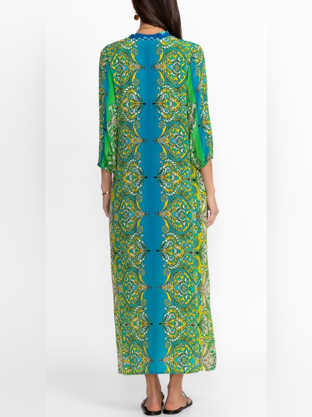 Johnny Was Kahinu 100% Silk Maxi Dress Kaftan Blue Green Floral XS NEW - Picture 6 of 14